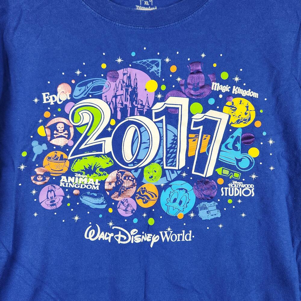 Walt Disney World Shirt Mens XL Blue Mickey Donald Parks Graphic Logo Icons